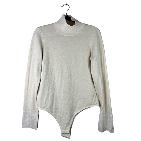 Athleta x Alicia Keys Cowl Neck Long Sleeve Cream Sparkly Wool Bodysuit Size L - Picture 1 of 8